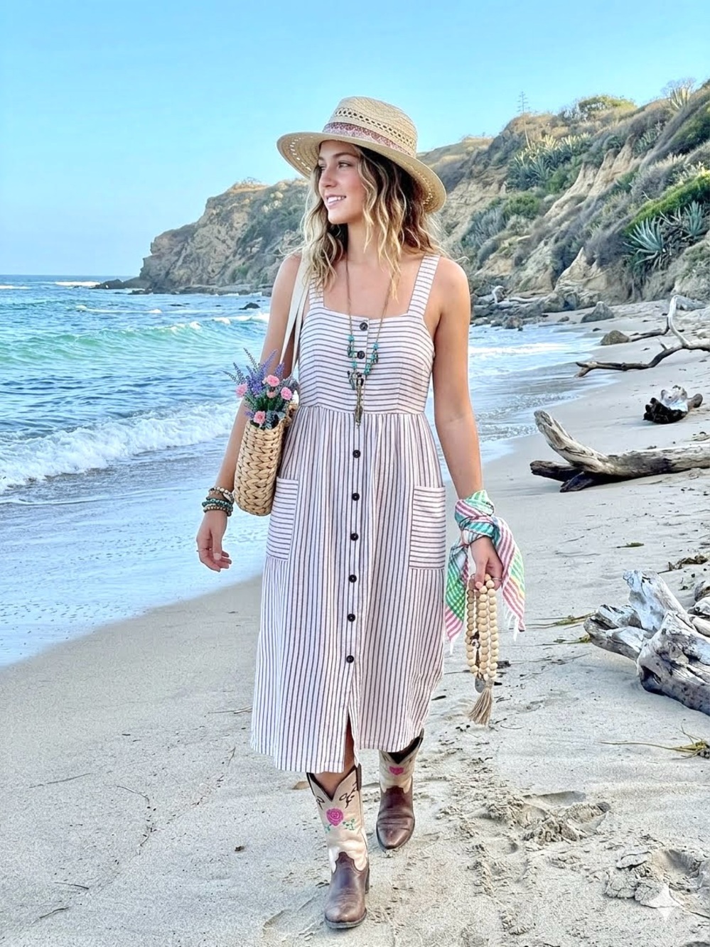 Anthropologie ARTISAN NY Cottagecore LINEN boho stripe maxi Dress w prairie vibe